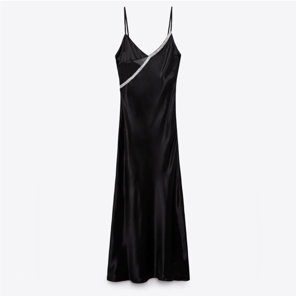 ZARA SATIN EFFECT RHINESTONE CRYSTAL BLACK DRESS